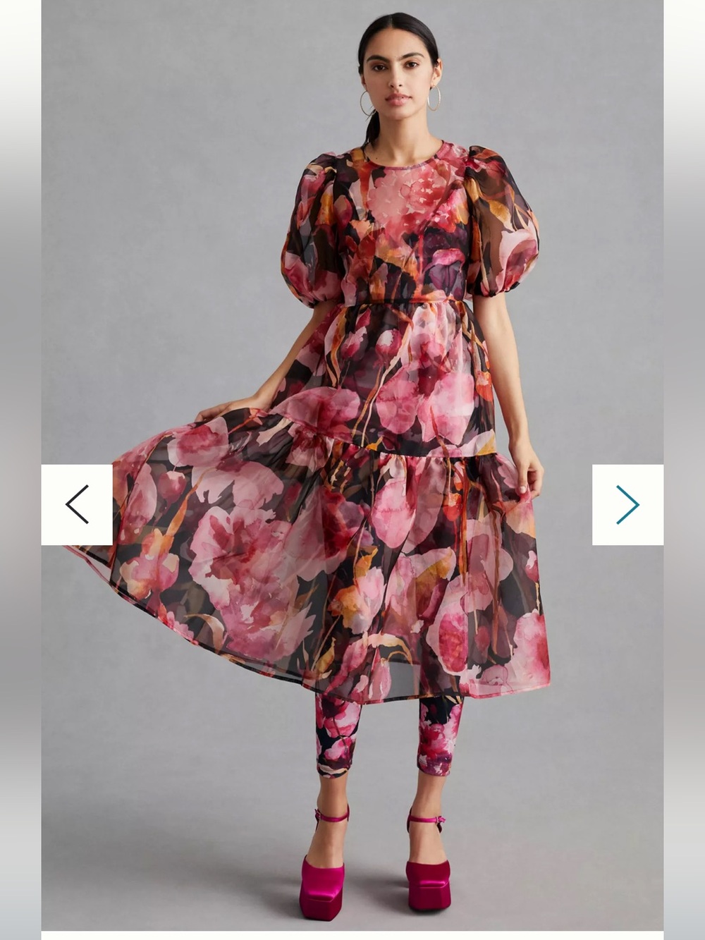 Anthropologie Sheer Organza Floral Puff-Sleeve Midi Dress in Floral